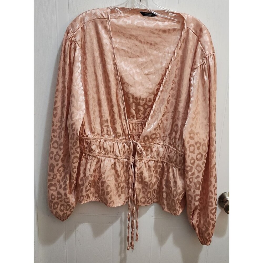 Shein Curve Women's Satin Double Tie Front Blouse Top Pink Animal Print Size 4XL